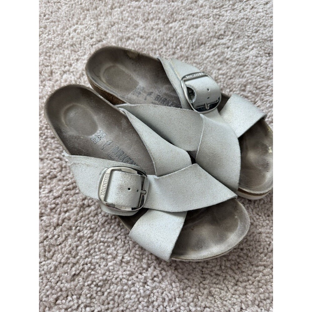 Birkenstock Siena Big Buckle Sandal Crossed Strap White Metallic Suede Size 39